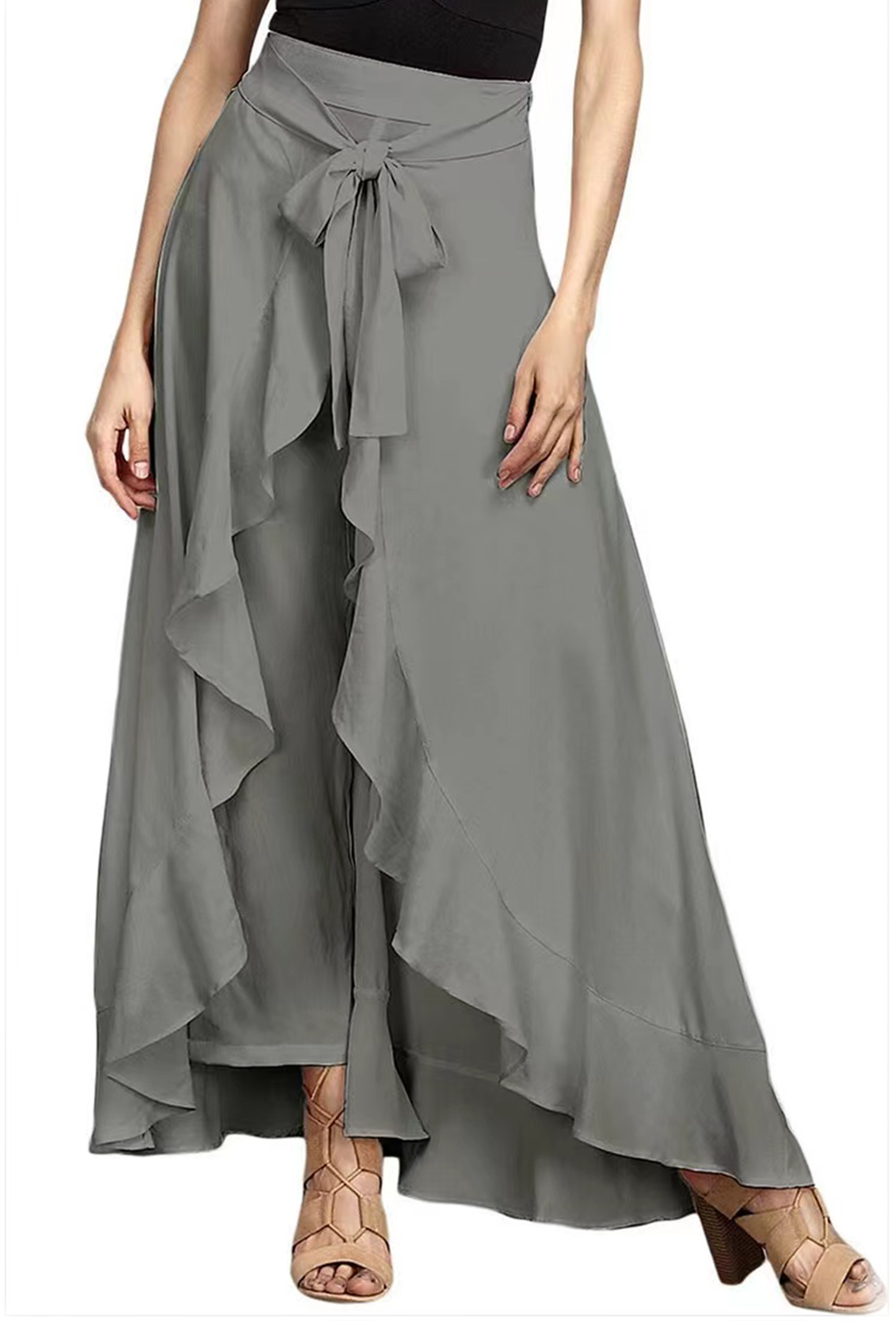 Elegant Grey Waist Spliced Ruffle Hem Straight Leg Skirt