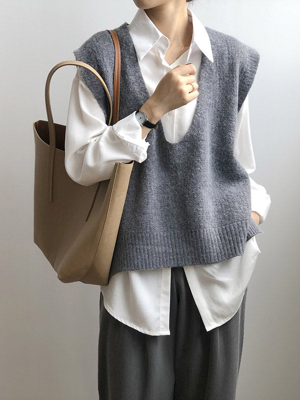 Knitting Irregularity Solid V-Neck Vest