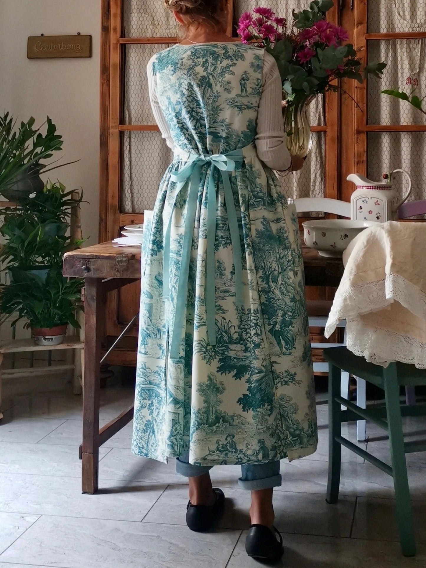 Vintage Teal Blue Long Apron