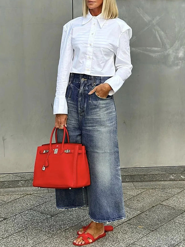 Loose Wide Leg Buttoned Fringed Pockets Jean Pants Bottoms