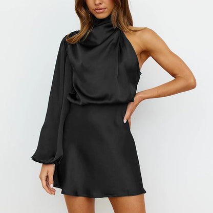 Elsie Satin Draped Shoulder High Neck Dress