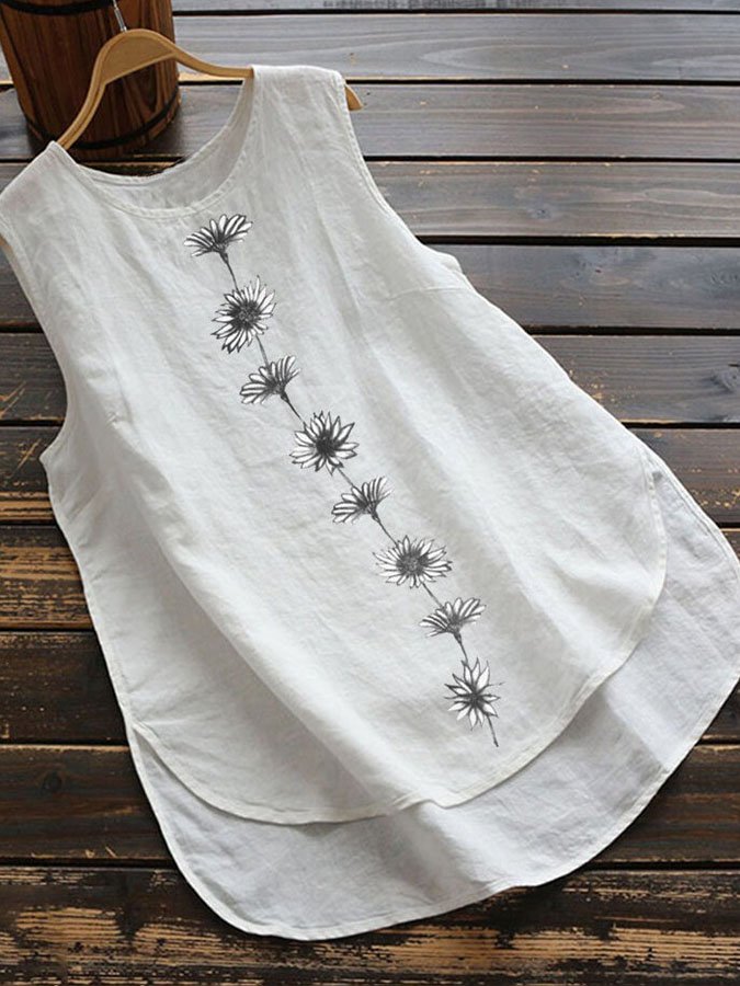 Daisy Print Sleeveless Crewneck Cotton Linen Top