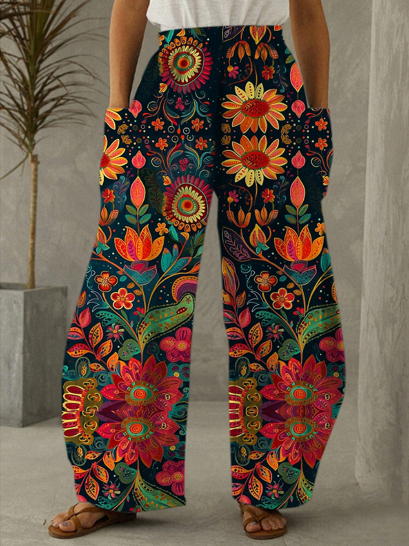 Women's Floral Vintage Illustration Print Casual Pants