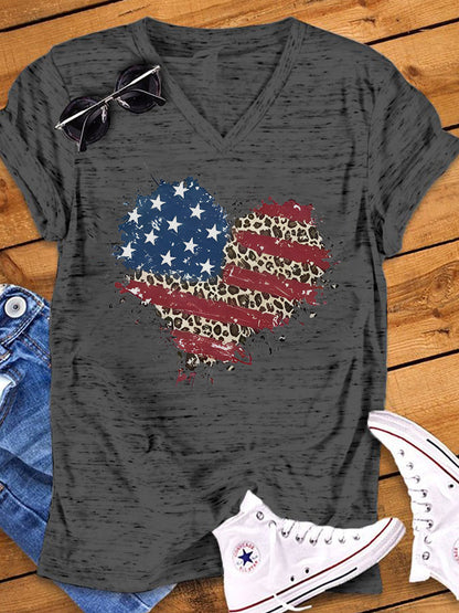 American Flag Heart Print V Neck T-shirt