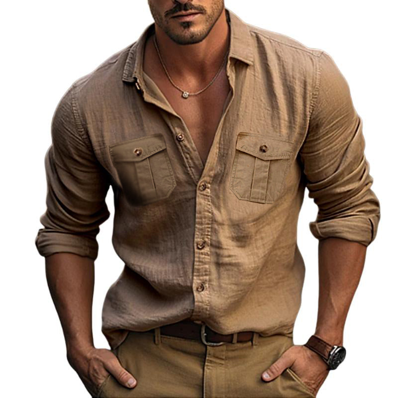 Men's Solid Color Double Pocket Cotton and Linen Long Sleeve Shirt