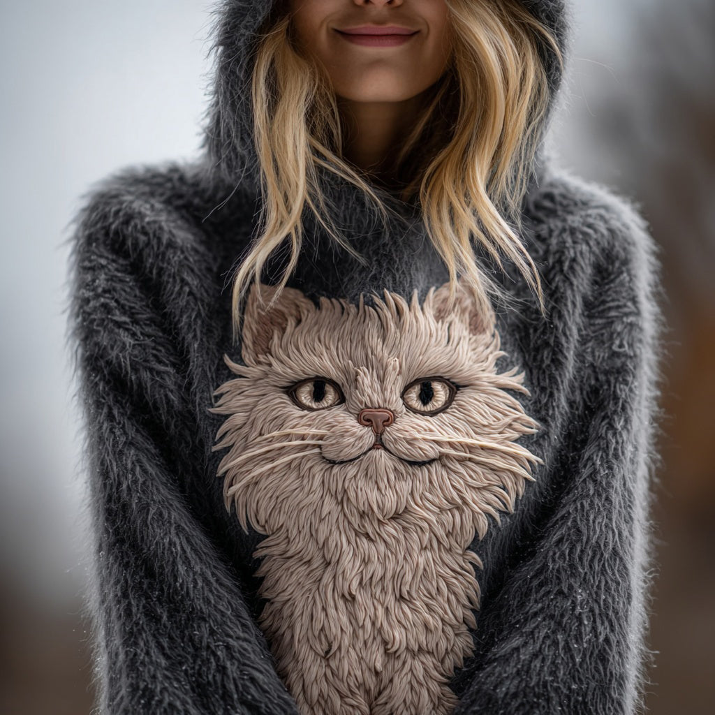 Cute Fuzzy Cat Embroidered Cozy Hooded Sweater