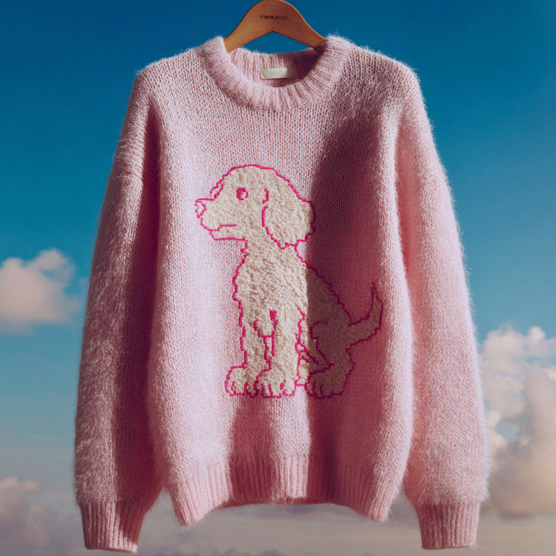 Women's Vintage Mohair Dog Embroidered Sweater