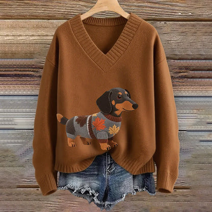 Vintage Dachshund Felt In Gradient Art Inspired Embroidered Cozy Knit Sweater