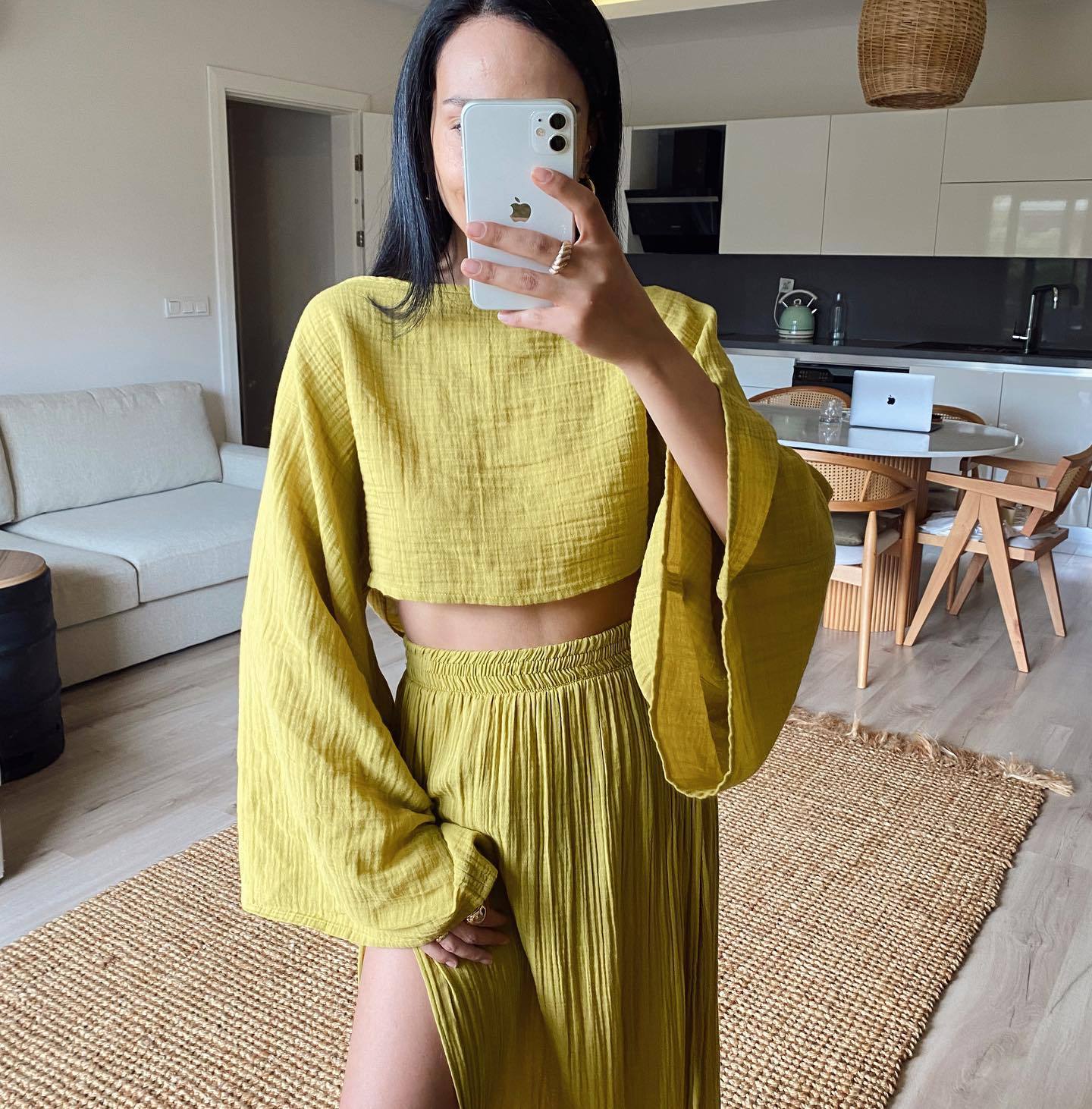 Vacation Cropped Top High Waist Chic Slit Linen Casual Two-Piece Set