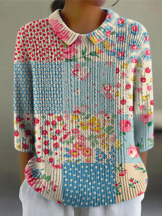 Women's Vintage Floral Art Print Casual Pullover Sweater