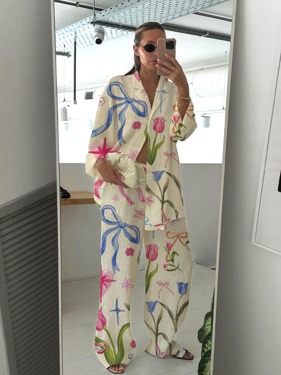 Women's Bow Tulip Flowers Art Pajama Set