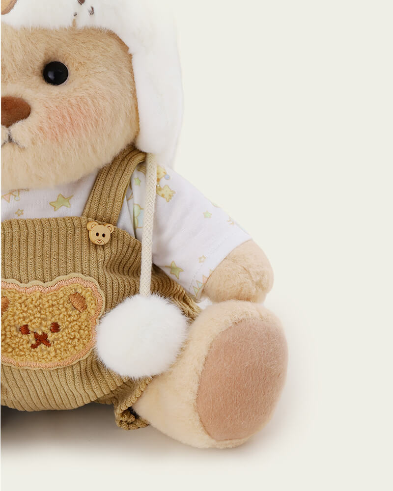Getahug White Mink Hat Brown Overalls Bear | Handmade Jointed Teddy Bear Gift