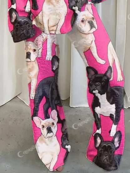 Women's Pink Bulldog Print Fleece Suit