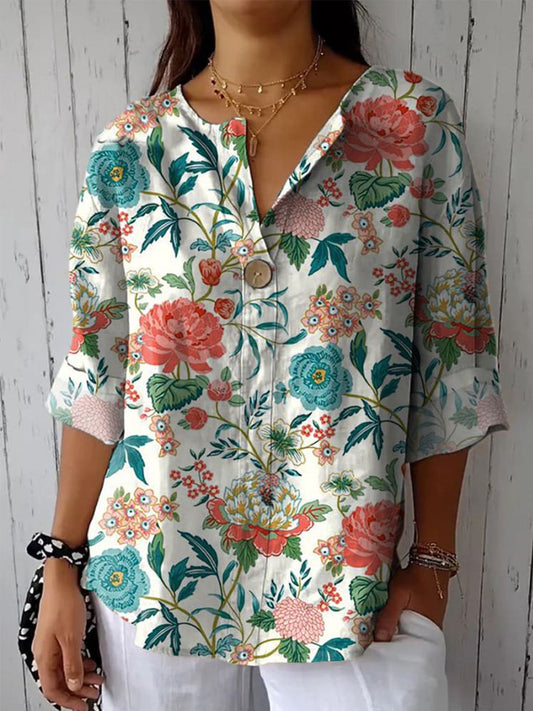 Tranquil Vintage Floral Pattern Printed Women's Casual Cotton Linen Shirt