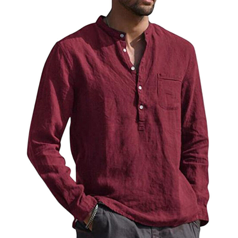 Mens Cotton Linen Shirt V Neck Casual Solid Button-Up Long Sleeve Tops T Shirt