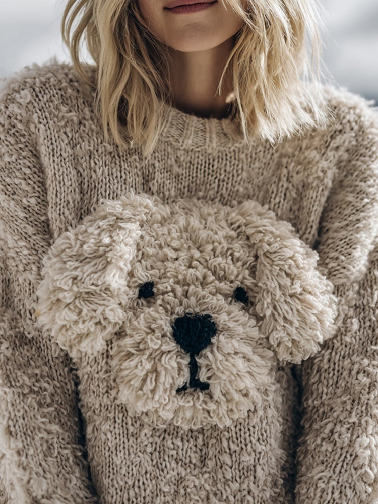 Cute Fuzzy Dog Embroidered Soft Cozy Sweater