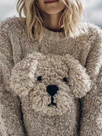 Cute Fuzzy Dog Embroidered Soft Cozy Sweater