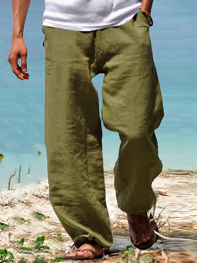 Men's Linen Pants Elastic drawstring design Casual Everyday Breathable Soft Outdoor Solid Color