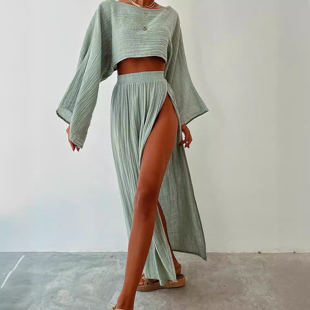 Vacation Cropped Top High Waist Chic Slit Linen Casual Two-Piece Set