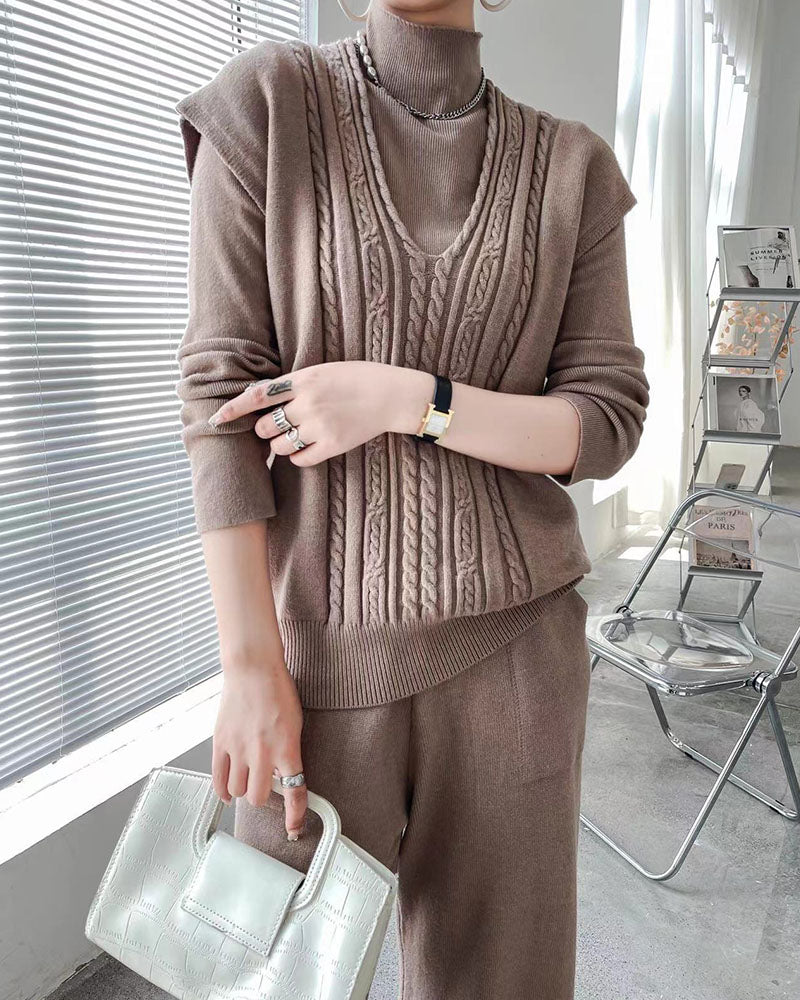 Fashion slim high collar three-piece set