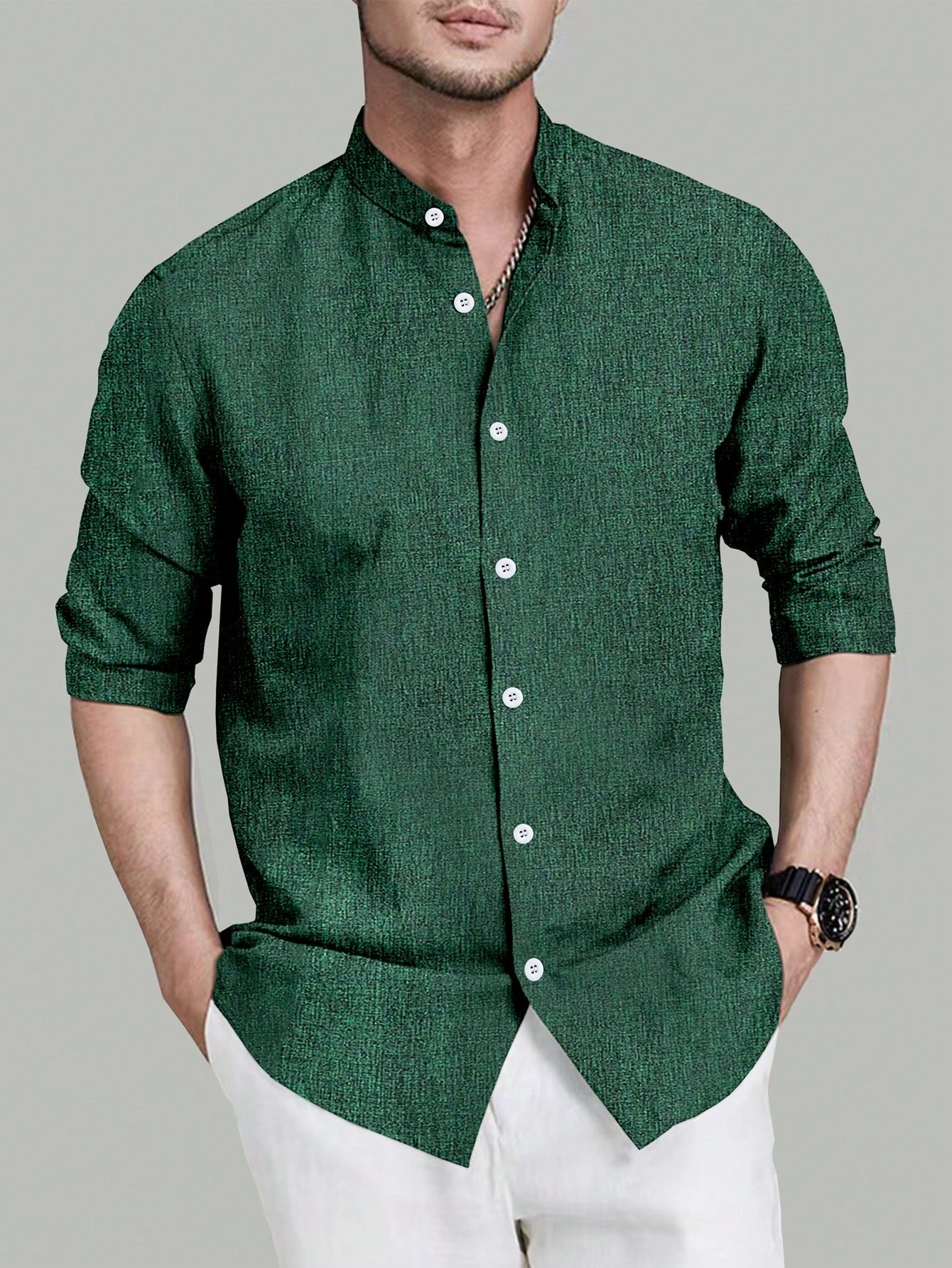 Men's Spring/Summer Casual Stand Collar Long Sleeve Shirt