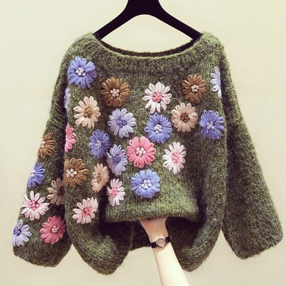 Cozy Handmade Flower Embroidery Autumn Winter Loose Sweater