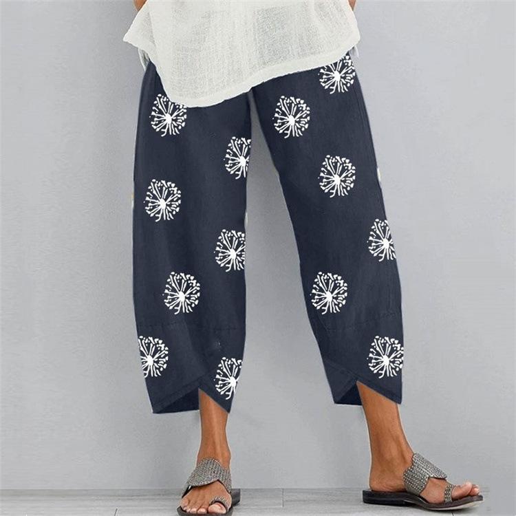 Floral Printed Elastic Waist Wide Leg Cotton-Linen Pants