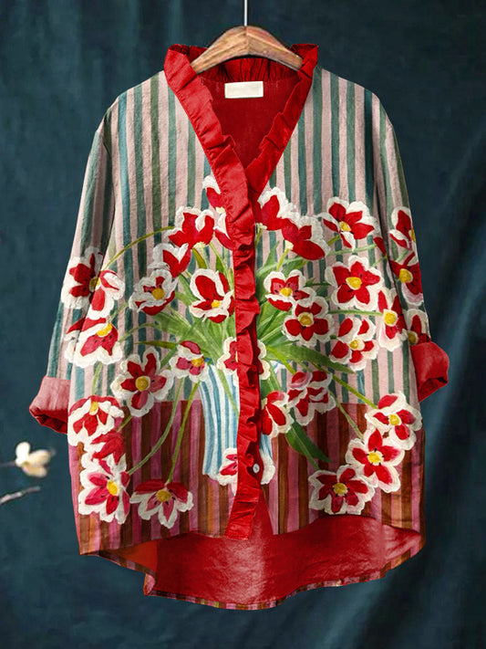 Women's Vintage Abstract Floral Art Print Casual Cotton And Linen Ruffle Shirt