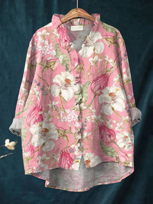 Women's Vintage Flowers Art  Print Casual Cotton And Linen Ruffle Shirt
