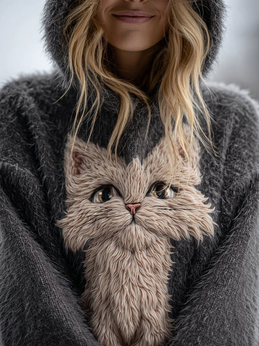 Cute Fuzzy Cat Embroidered Cozy Hooded Sweater