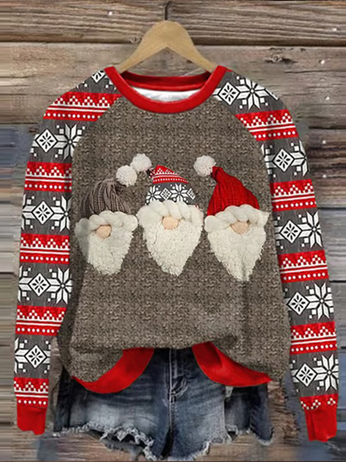 Women's Cute Christmas Gnome Patchwork Print Sweatshirt