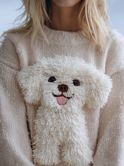 Cute Fuzzy Dog Embroidered Cozy Knit Sweater