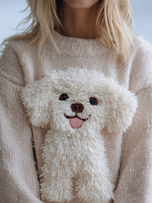 Cute Fuzzy Dog Embroidered Cozy Knit Sweater