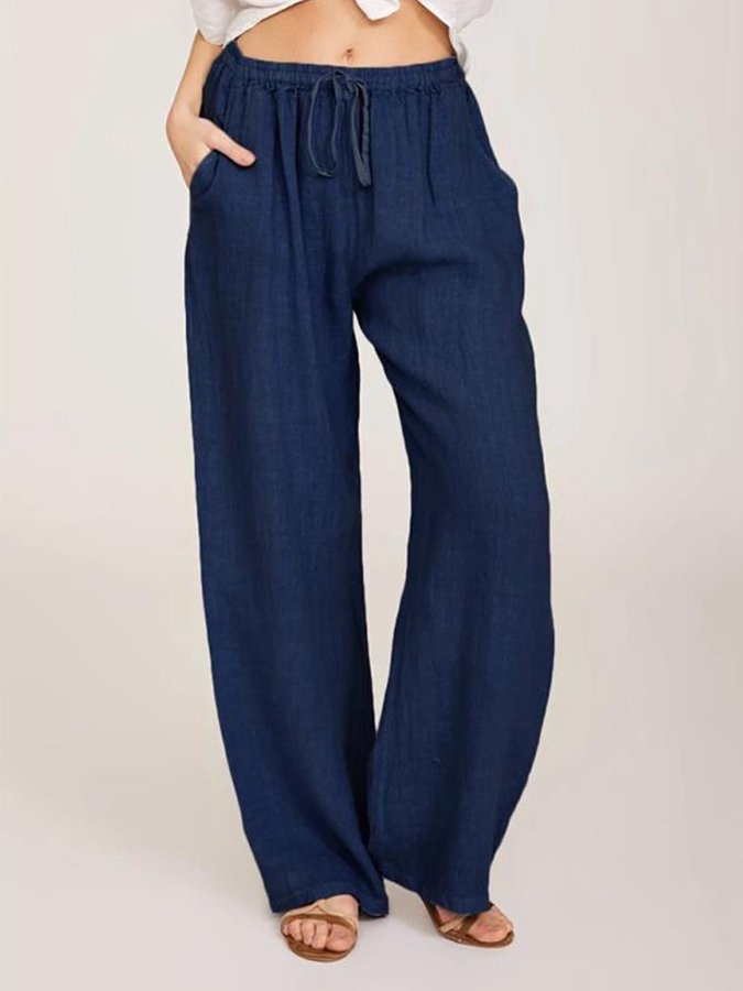 Women's Solid Cotton Linen Wide Leg Pants