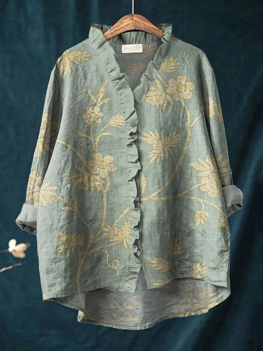 Women's Vintage Floral Pattern Art Print Casual Cotton And Linen Ruffle Shirt
