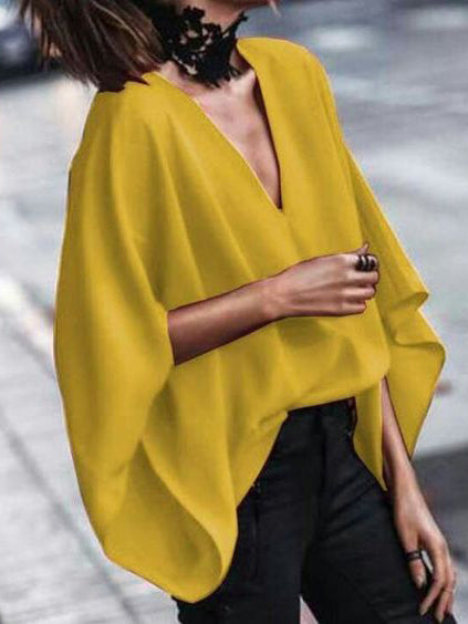 Loose Batwing Sleeves Solid Color V-Neck Blouses&Shirts Tops