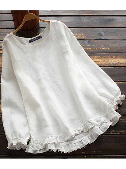 Women O Neck Solid Long Sleeve Ruffle Linen Tops