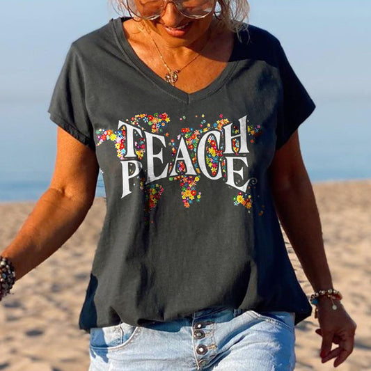 Peace special print V-neck T-shirt