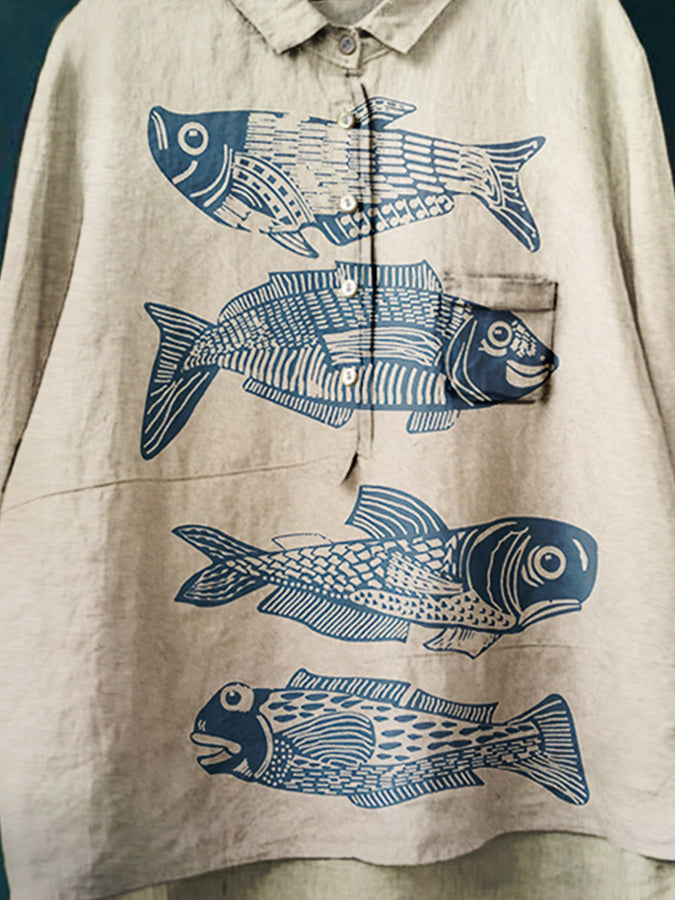 Women's Fish Print Casual Cotton And Linen Shirt