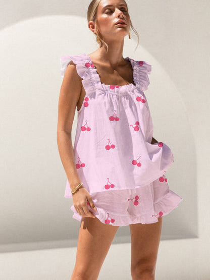 Pink Cherry Print Ruffled Trim Short Tank Top Shorts Pajama Set