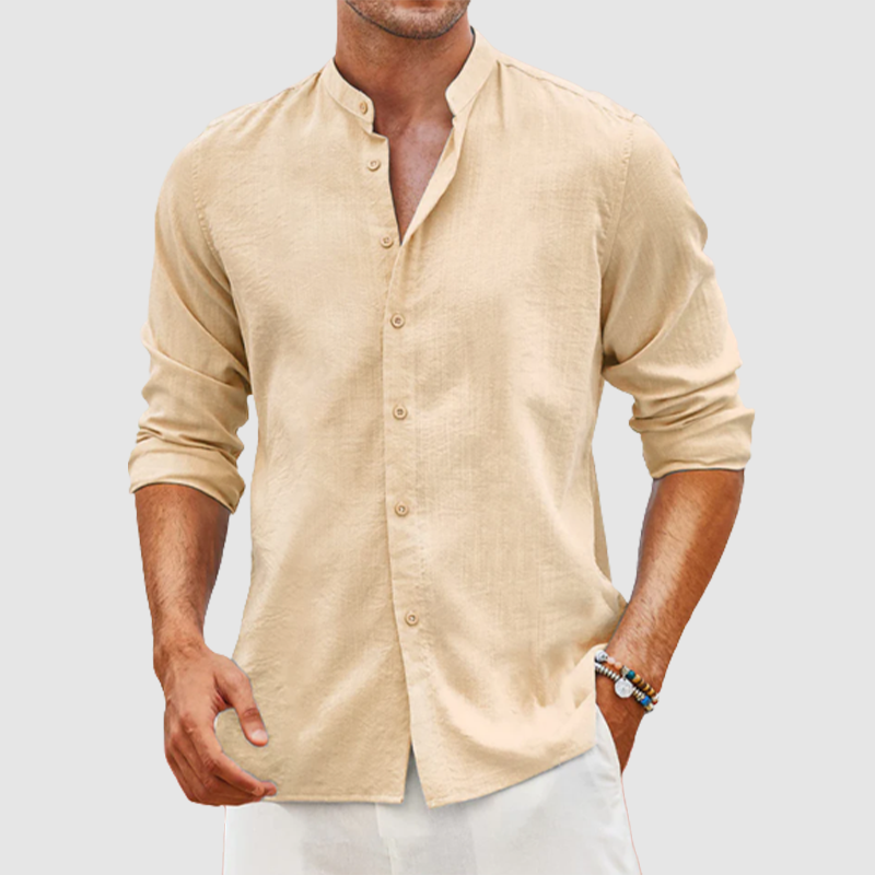 Men's linen cardigan solid color casual standing collar long sleeve shirt