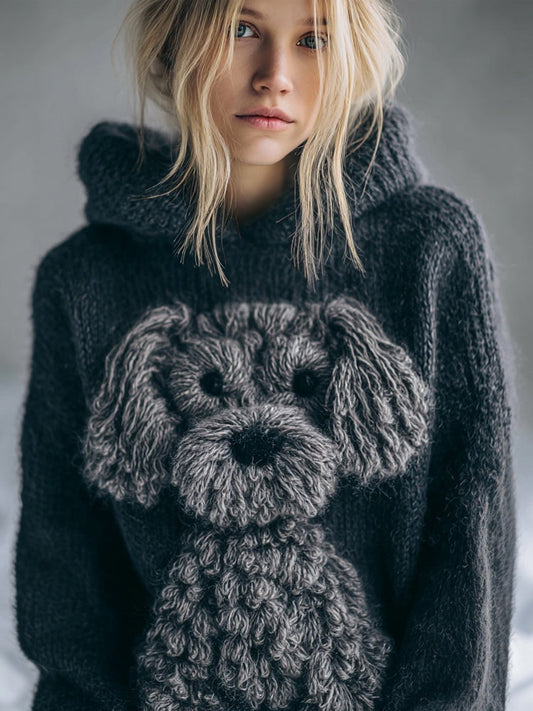 Lovely Fuzzy Dog Embroidered Cozy Hooded Sweater