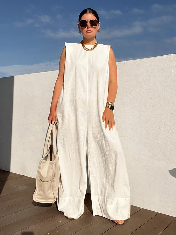 Sleeveless Wide Leg Shoulder Pad Solid Color Jumpsuits