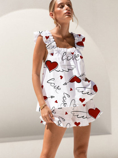 Wings Heart Print Ruffled Trim Short Tank Top Shorts Pajama Set