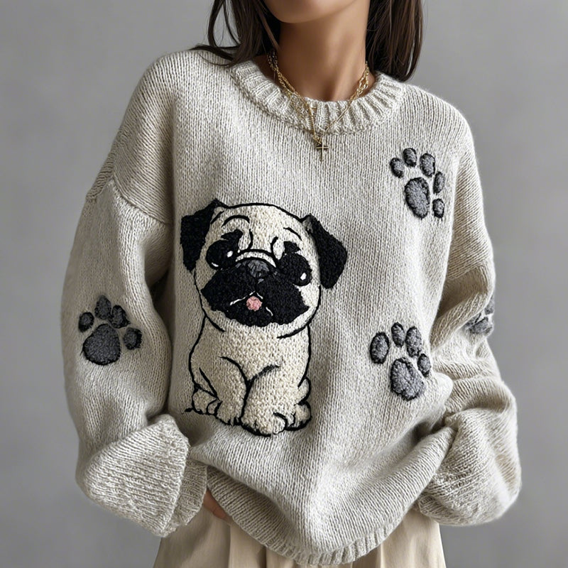 Lovely Cute Pug And Paws Embroidery Art Loose Cozy Knit Sweater