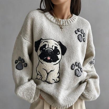 Lovely Cute Pug And Paws Embroidery Art Loose Cozy Knit Sweater