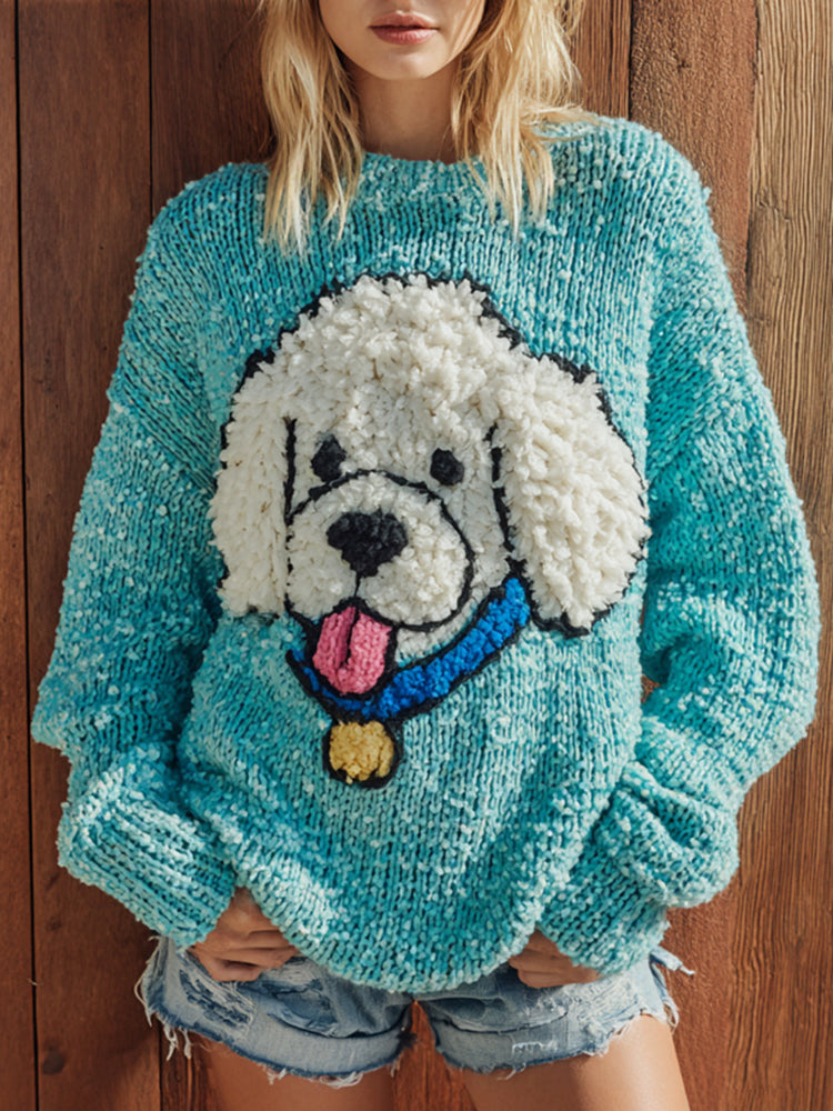 Fuzzy Poodle Dog Felt Cozy Knit Sweater