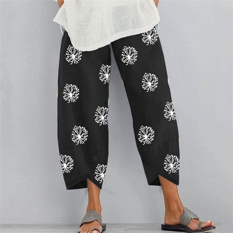 Floral Printed Elastic Waist Wide Leg Cotton-Linen Pants