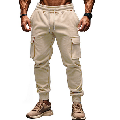 Men's Solid Color Plush Elastic Waist Multi-pocket Sports Pants