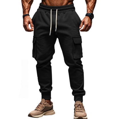 Men's Solid Color Plush Elastic Waist Multi-pocket Sports Pants